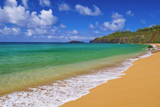 Surf Sand And Blue Green Waters At Secret Beach Kilauea Lighthouse Visible Kauai Hawaii Photographic Print By Russ Bishop Artcom - 