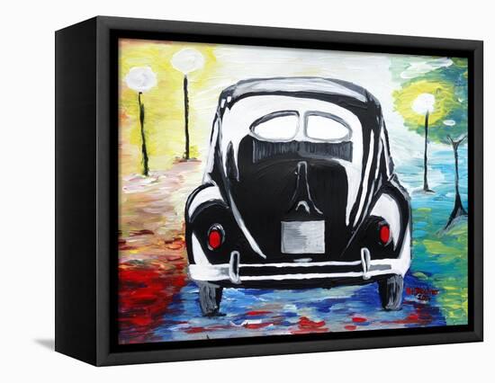 Surf VW Bug Series - The Black Volkswagen Bug Split Window-Martina Bleichner-Framed Stretched Canvas