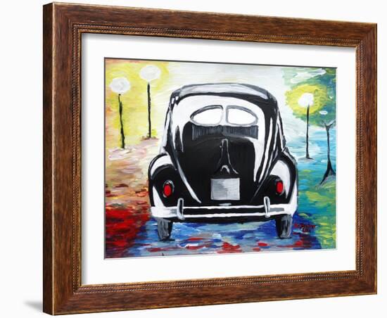 Surf VW Bug Series - The Black Volkswagen Bug Split Window-Martina Bleichner-Framed Art Print