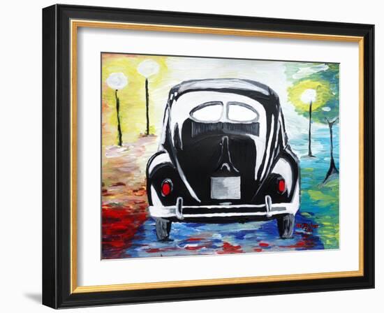 Surf VW Bug Series - The Black Volkswagen Bug Split Window-Martina Bleichner-Framed Art Print