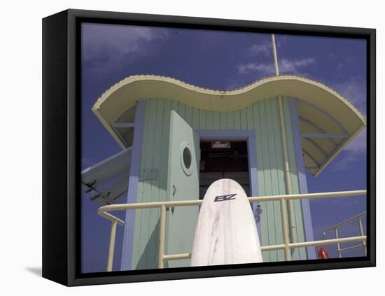 Surfboard at Lifeguard Station, South Beach, Miami, Florida, USA-Robin Hill-Framed Premier Image Canvas