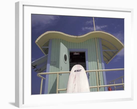Surfboard at Lifeguard Station, South Beach, Miami, Florida, USA-Robin Hill-Framed Photographic Print