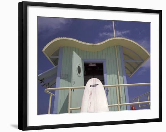 Surfboard at Lifeguard Station, South Beach, Miami, Florida, USA-Robin Hill-Framed Photographic Print