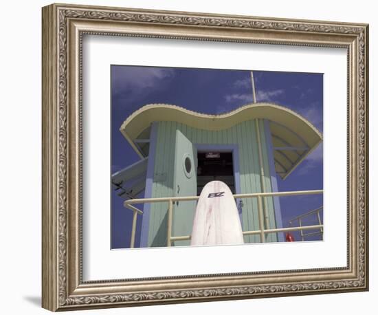 Surfboard at Lifeguard Station, South Beach, Miami, Florida, USA-Robin Hill-Framed Photographic Print