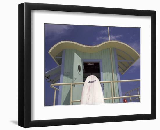 Surfboard at Lifeguard Station, South Beach, Miami, Florida, USA-Robin Hill-Framed Photographic Print