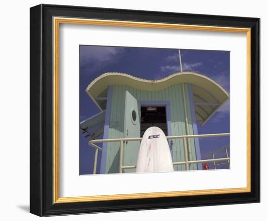 Surfboard at Lifeguard Station, South Beach, Miami, Florida, USA-Robin Hill-Framed Photographic Print