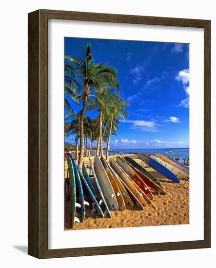 Surfboards on Waikiki Beach-George Oze-Framed Photographic Print