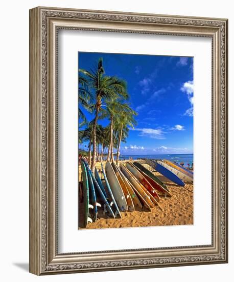 Surfboards on Waikiki Beach-George Oze-Framed Photographic Print