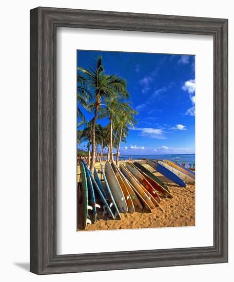 Surfboards on Waikiki Beach-George Oze-Framed Photographic Print