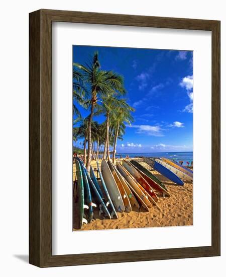 Surfboards on Waikiki Beach-George Oze-Framed Photographic Print