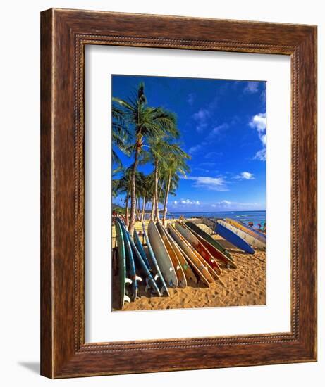 Surfboards on Waikiki Beach-George Oze-Framed Photographic Print