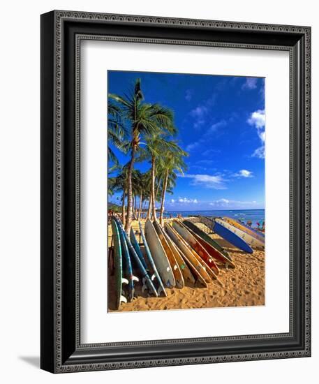 Surfboards on Waikiki Beach-George Oze-Framed Photographic Print