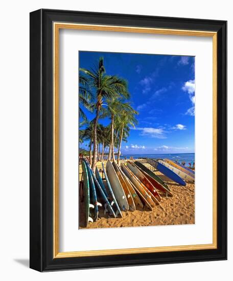 Surfboards on Waikiki Beach-George Oze-Framed Photographic Print