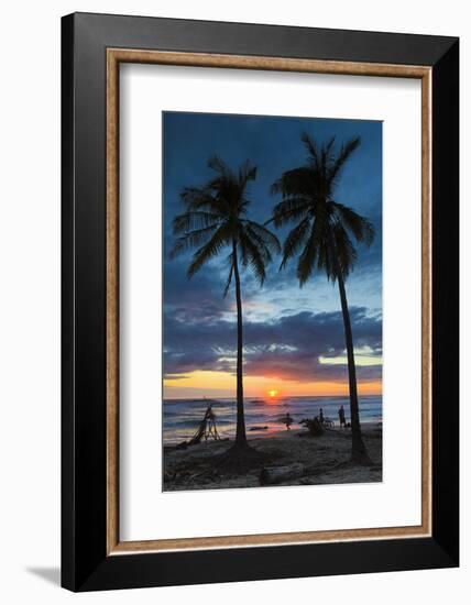 Surfer and Palm Trees at Sunset on Playa Guiones Surf Beach at Sunset-Rob Francis-Framed Photographic Print