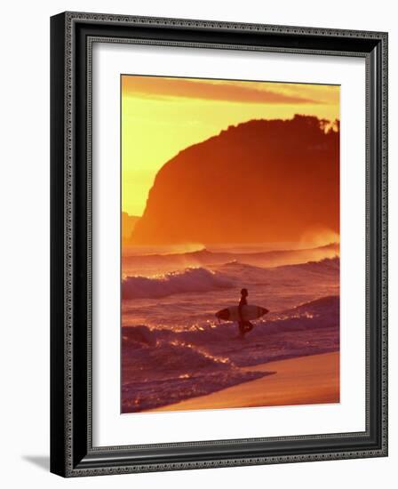 Surfer at Sunset, St Kilda Beach, Dunedin, New Zealand-David Wall-Framed Photographic Print