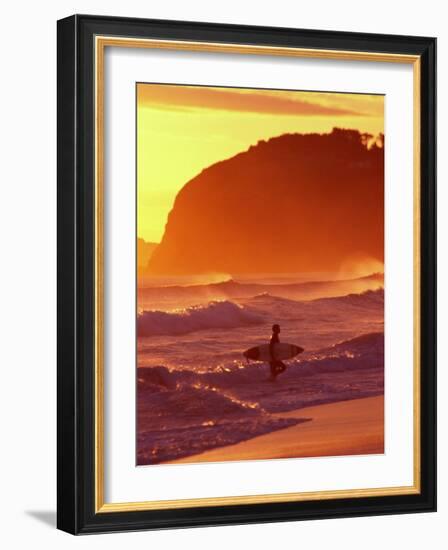 Surfer at Sunset, St Kilda Beach, Dunedin, New Zealand-David Wall-Framed Photographic Print