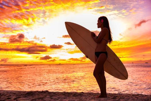 Surfer Bikini Girl on Hawaii Beach Holding Surf Board Watching Ocean Waves  at Sunset. Silhouette Of' Photographic Print - Maridav | Art.com