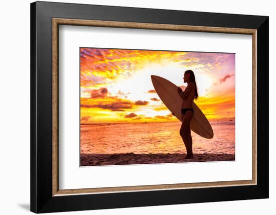 Surfer Bikini Girl on Hawaii Beach Holding Surf Board Watching Ocean Waves at Sunset. Silhouette Of-Maridav-Framed Photographic Print