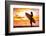 Surfer Bikini Girl on Hawaii Beach Holding Surf Board Watching Ocean Waves at Sunset. Silhouette Of-Maridav-Framed Photographic Print