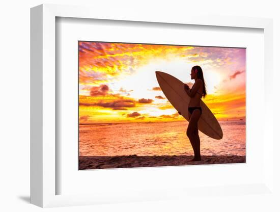 Surfer Bikini Girl on Hawaii Beach Holding Surf Board Watching Ocean Waves at Sunset. Silhouette Of-Maridav-Framed Photographic Print