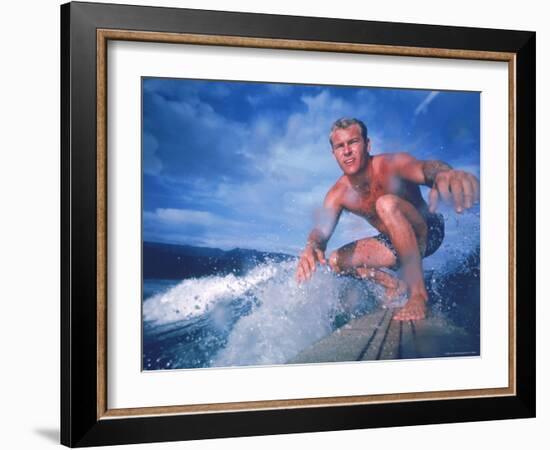 Surfer Nick Beck Riding His Surfboard in the Waters Off Hawaii-George Silk-Framed Photographic Print