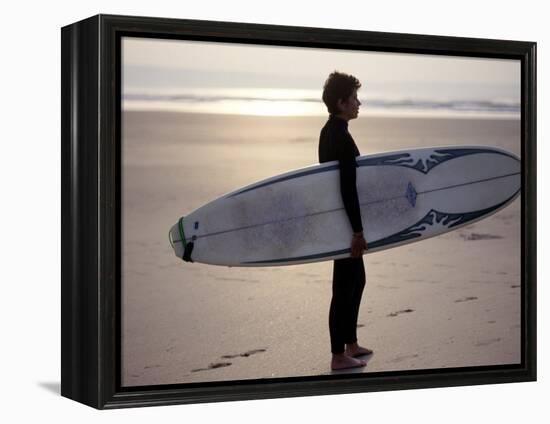 Surfer on a Beach, North Devon, England-Lauree Feldman-Framed Premier Image Canvas