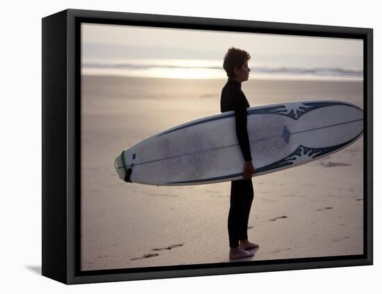 Surfer on a Beach, North Devon, England-Lauree Feldman-Framed Premier Image Canvas