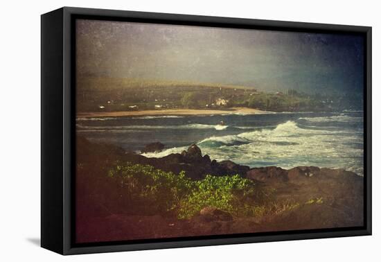 Surfer on a Waverunner in the Water at Hookipa Beach in Maui with the West Maui Mountains-pdb1-Framed Premier Image Canvas
