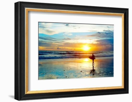 Surfer on the Ocean Beach at Sunset on Bali Island, Indonesia-joyfull-Framed Photographic Print