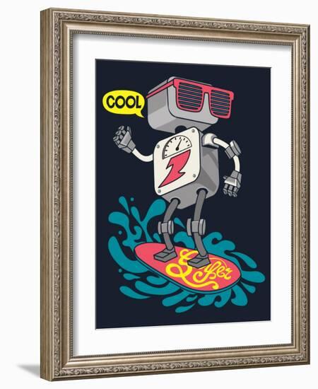 Surfer Robot Vector Design for Tee-braingraph-Framed Art Print