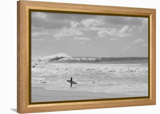 Surfer standing on the beach, North Shore, Oahu, Hawaii, USA-null-Framed Premier Image Canvas