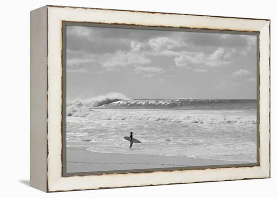 Surfer standing on the beach, North Shore, Oahu, Hawaii, USA-null-Framed Premier Image Canvas