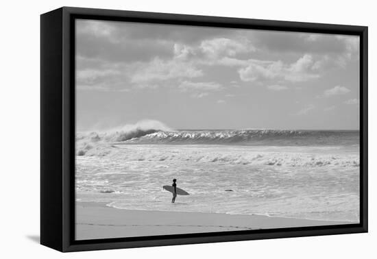 Surfer standing on the beach, North Shore, Oahu, Hawaii, USA-null-Framed Premier Image Canvas