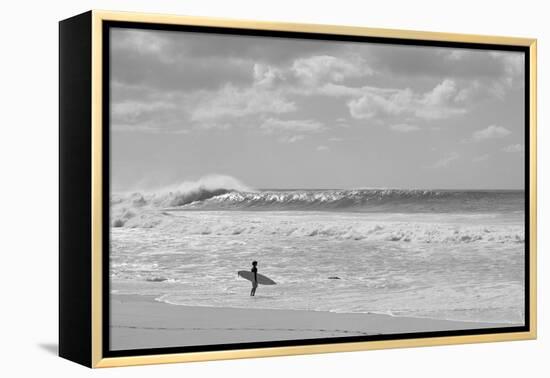 Surfer standing on the beach, North Shore, Oahu, Hawaii, USA-null-Framed Premier Image Canvas