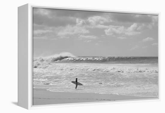 Surfer standing on the beach, North Shore, Oahu, Hawaii, USA-null-Framed Premier Image Canvas