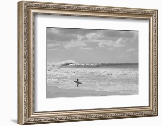 Surfer standing on the beach, North Shore, Oahu, Hawaii, USA-null-Framed Photographic Print