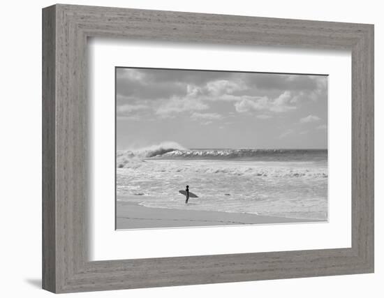 Surfer standing on the beach, North Shore, Oahu, Hawaii, USA-null-Framed Photographic Print