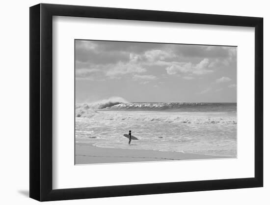 Surfer standing on the beach, North Shore, Oahu, Hawaii, USA-null-Framed Premium Photographic Print