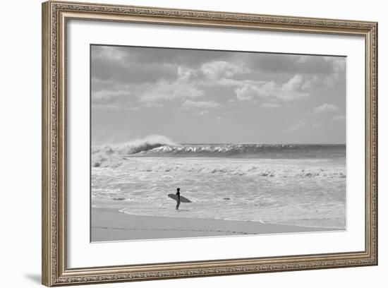 Surfer standing on the beach, North Shore, Oahu, Hawaii, USA-null-Framed Premium Photographic Print