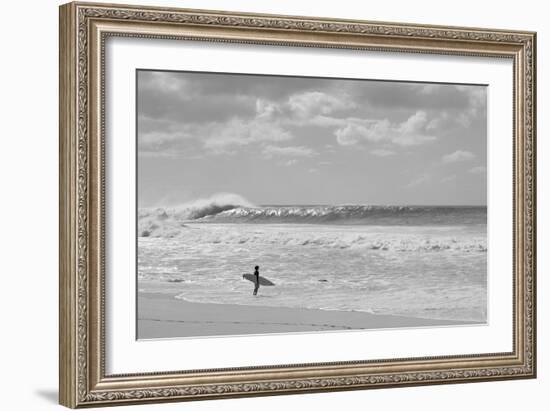 Surfer standing on the beach, North Shore, Oahu, Hawaii, USA-null-Framed Photographic Print