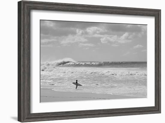 Surfer standing on the beach, North Shore, Oahu, Hawaii, USA-null-Framed Photographic Print