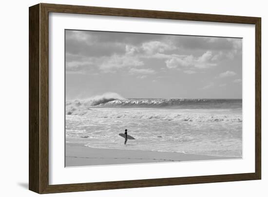 Surfer standing on the beach, North Shore, Oahu, Hawaii, USA-null-Framed Photographic Print