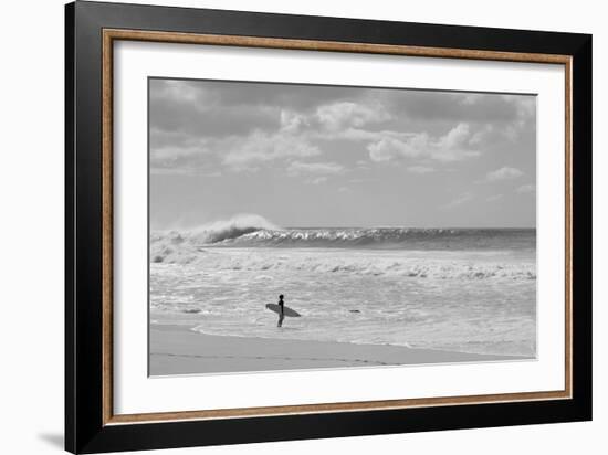 Surfer standing on the beach, North Shore, Oahu, Hawaii, USA-null-Framed Photographic Print