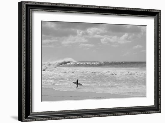 Surfer standing on the beach, North Shore, Oahu, Hawaii, USA-null-Framed Photographic Print