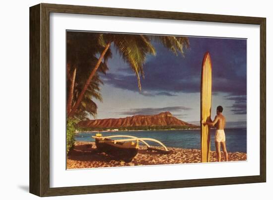 Surfer with Diamond Head-null-Framed Art Print