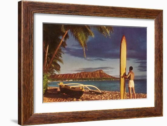 Surfer with Diamond Head-null-Framed Art Print