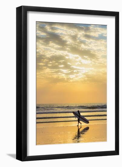 Surfer with Long Board at Sunset on Popular Playa Guiones Surf Beach-Rob Francis-Framed Photographic Print