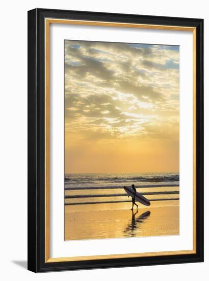 Surfer with Long Board at Sunset on Popular Playa Guiones Surf Beach-Rob Francis-Framed Photographic Print