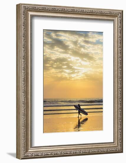 Surfer with Long Board at Sunset on Popular Playa Guiones Surf Beach-Rob Francis-Framed Photographic Print