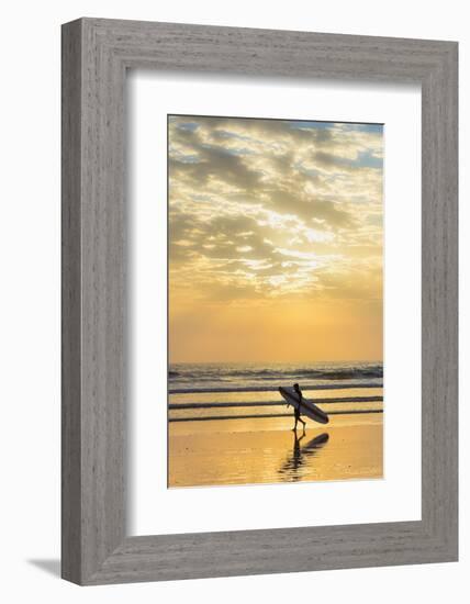 Surfer with Long Board at Sunset on Popular Playa Guiones Surf Beach-Rob Francis-Framed Photographic Print